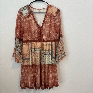 Miss Me Patchwork Longsleeve Dress, Boho Style, Size Medium